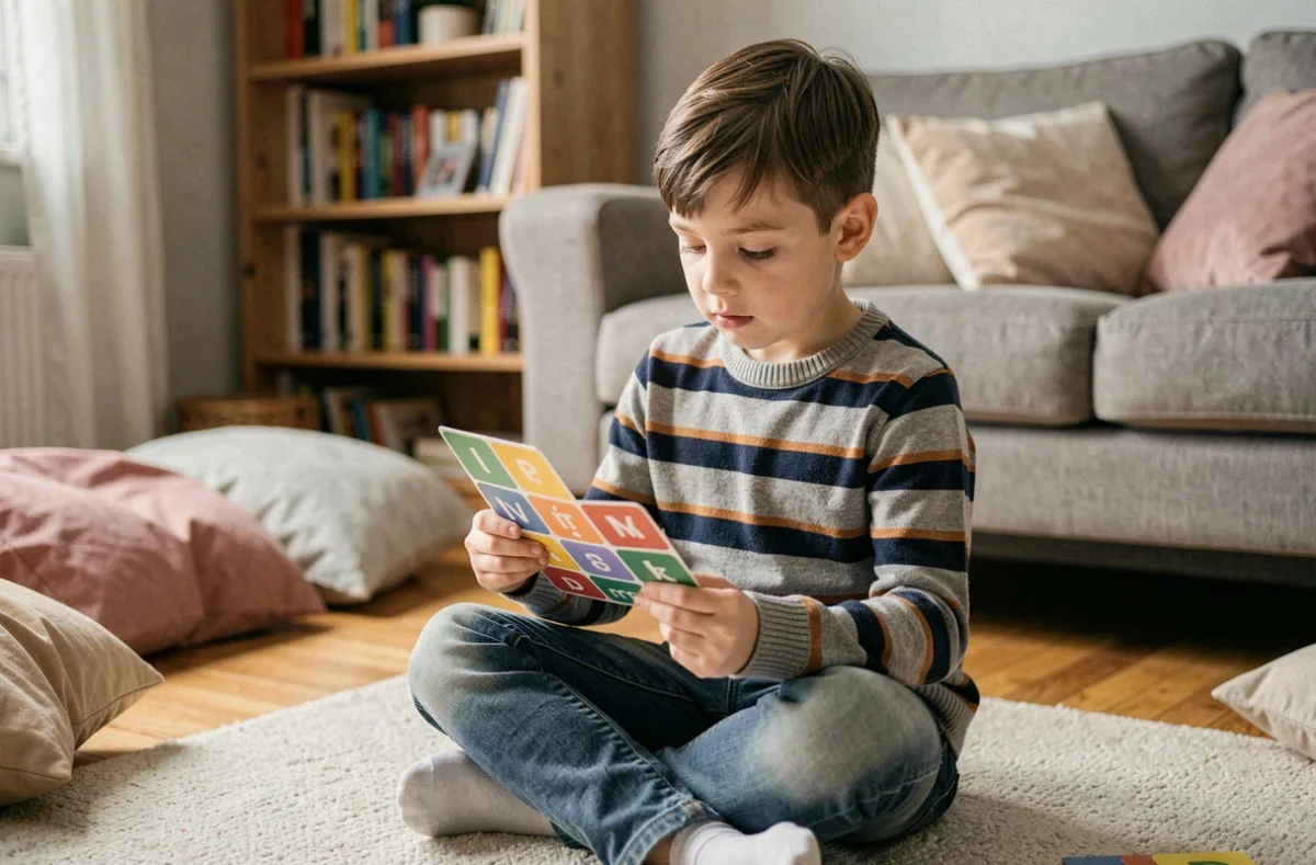 Enfant concentré lisant une carte de jeu de vocabulaire assis sur un tapis dans un salon