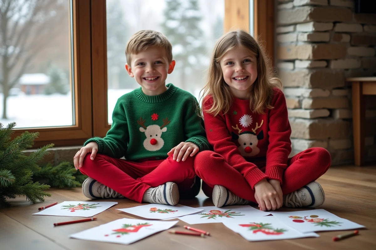 Deux enfants montrant leurs cartes de Noël dans une ambiance festive