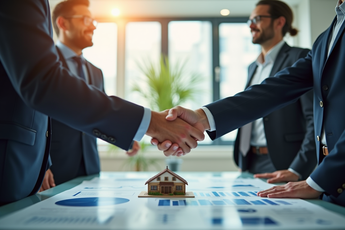 Professionnels se serrant la main avec un modèle de bâtiment