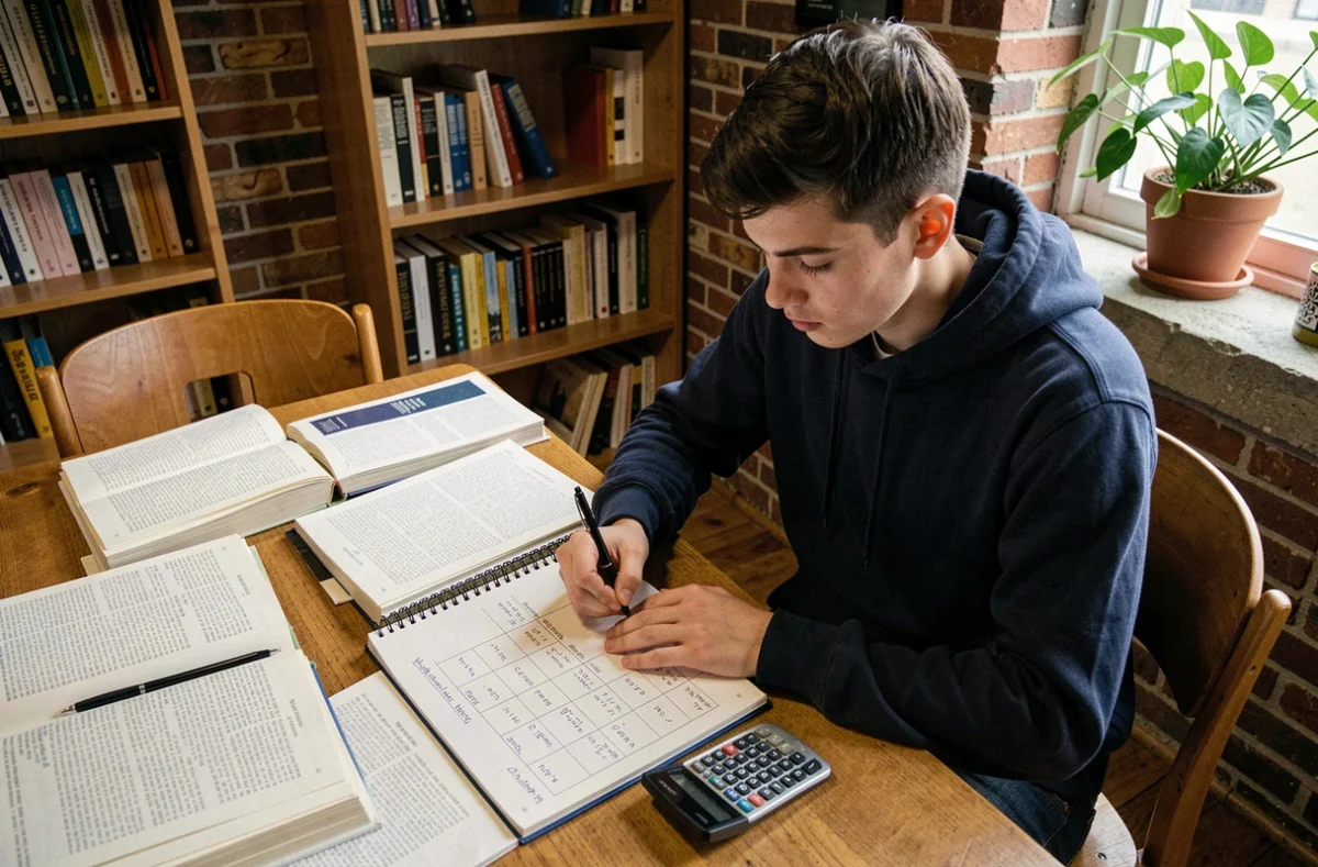 Étudiant calculant des conversions de volume en cm cube et litres avec des notes manuscrites sur un bureau