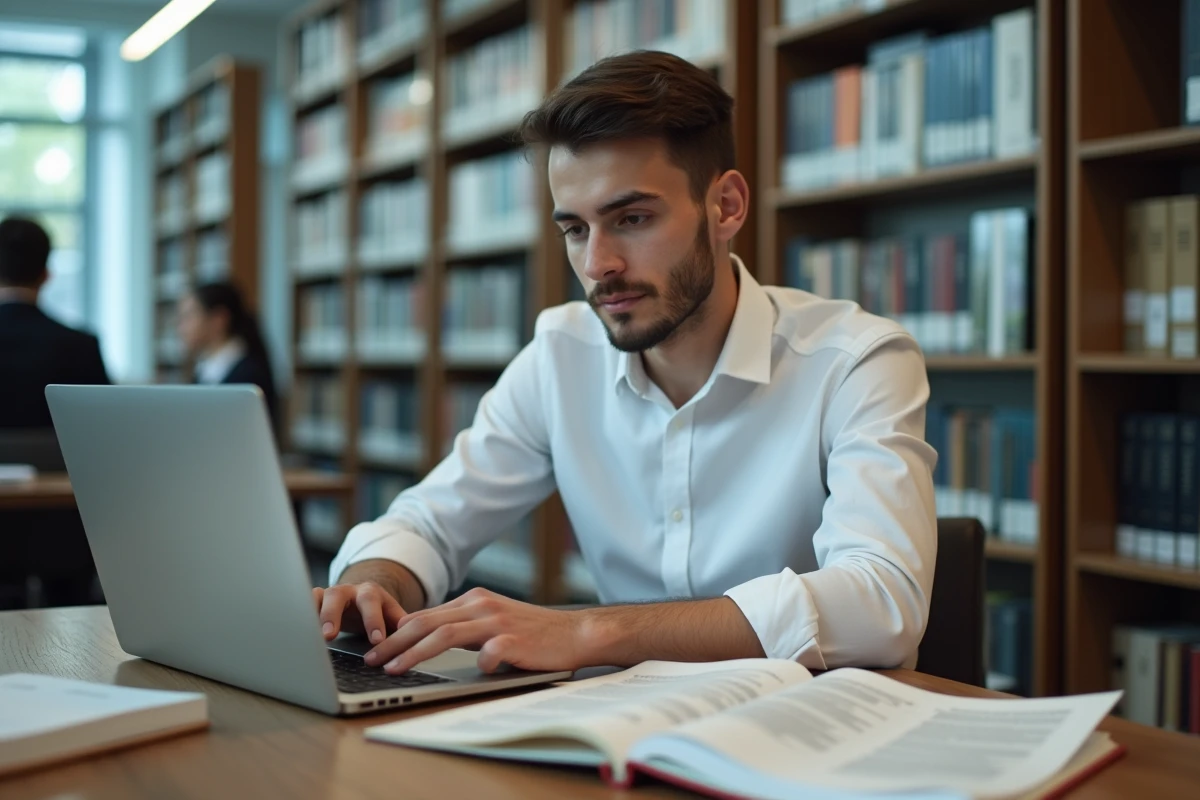 Étudiant en droit public consultant une base de données juridique à la bibliothèque universitaire avec des textes annotés