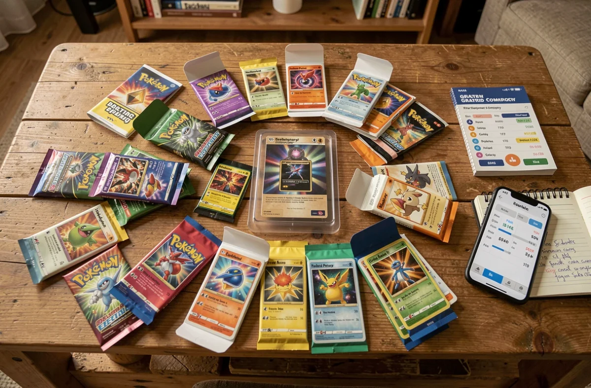 Vue de dessus d'une table avec des boosters Pokémon ouverts, des cartes rares de différentes extensions et une boîte de gradation professionnelle