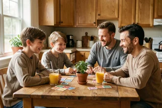 Famille jouant à un jeu de vocabulaire avec des cartes sur une table en bois dans une cuisine chaleureuse