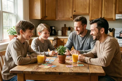 Famille jouant à un jeu de vocabulaire avec des cartes sur une table en bois dans une cuisine chaleureuse