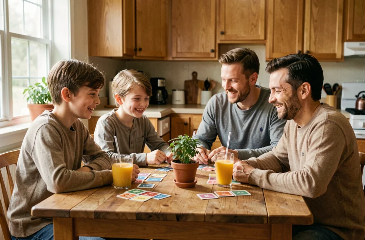 Famille jouant à un jeu de vocabulaire avec des cartes sur une table en bois dans une cuisine chaleureuse