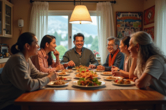 Famille multigenerational partageant un repas traditionnel à table