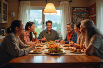 Famille multigenerational partageant un repas traditionnel à table