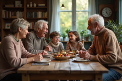 Famille multigenerational partageant un repas convivial à la maison