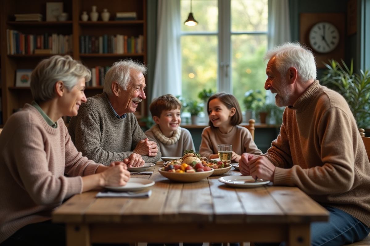 Famille multigenerational partageant un repas convivial à la maison