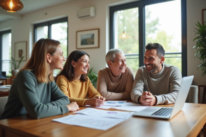 Famille de trois générations autour d'une table souriante