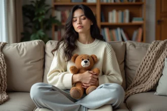 Jeune femme adulte tenant un ourson en peluche usé contre sa poitrine, assise sur un canapé en lin dans un appartement cosy, expression apaisée évoquant le besoin de sécurité émotionnelle