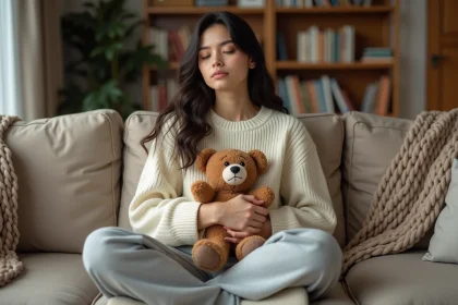 Jeune femme adulte tenant un ourson en peluche usé contre sa poitrine, assise sur un canapé en lin dans un appartement cosy, expression apaisée évoquant le besoin de sécurité émotionnelle