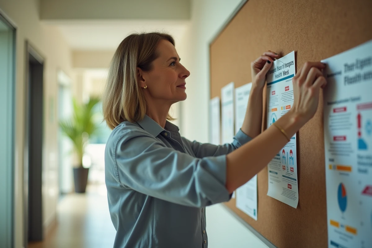Femme pinçant une affiche dans un couloir d