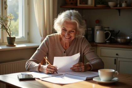 Femme âgée lisant des documents dans une cuisine ensoleillée