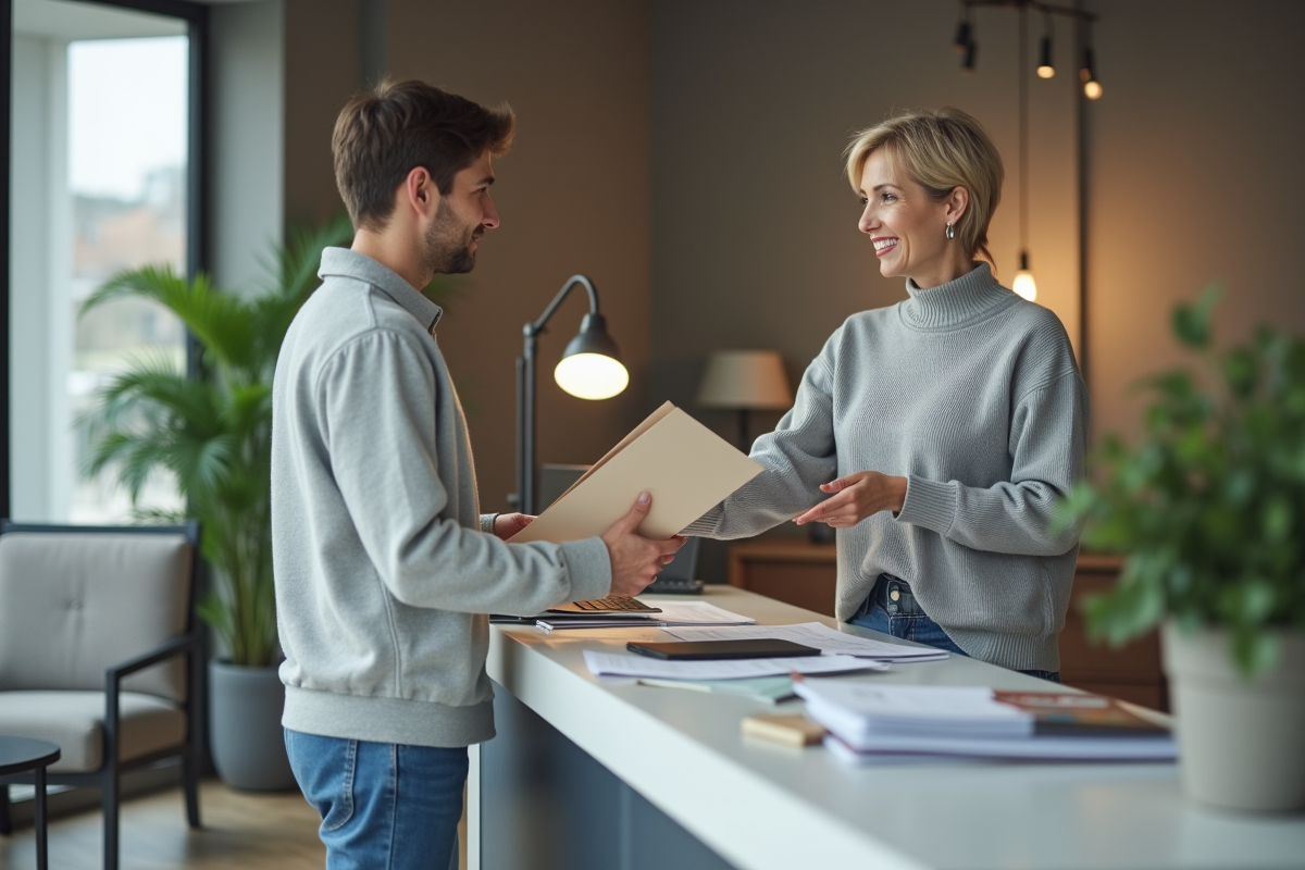 Femme en agence immobiliere remettant un dossier à un conseiller