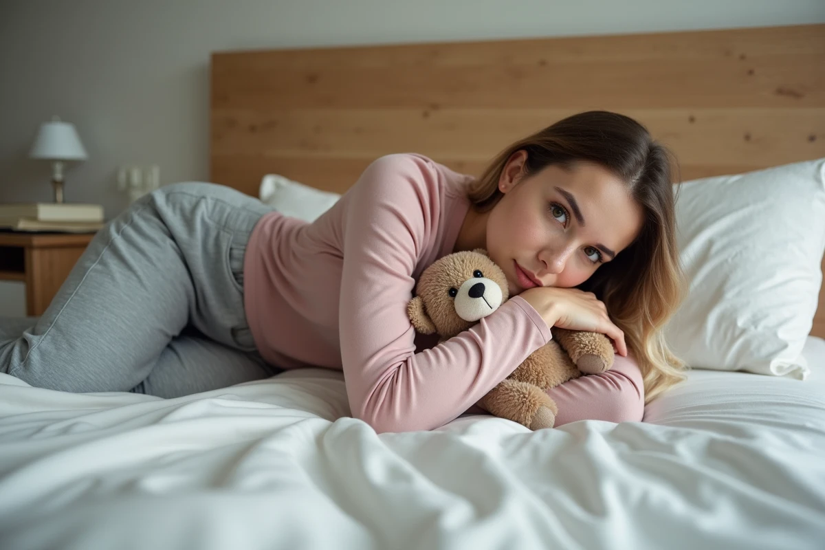 Femme adulte allongée sur un lit défait tenant un ourson d'enfance contre elle, regard perdu dans ses pensées, illustrant le retour du symbole de l'ourson lié au besoin de sécurité chez l'adulte