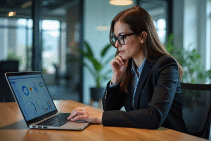 Femme en tenue professionnelle analysant des données sur un ordinateur