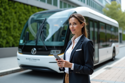 Femme d'âge moyen près d'un bus électrique autonome dans un hub urbain futuriste