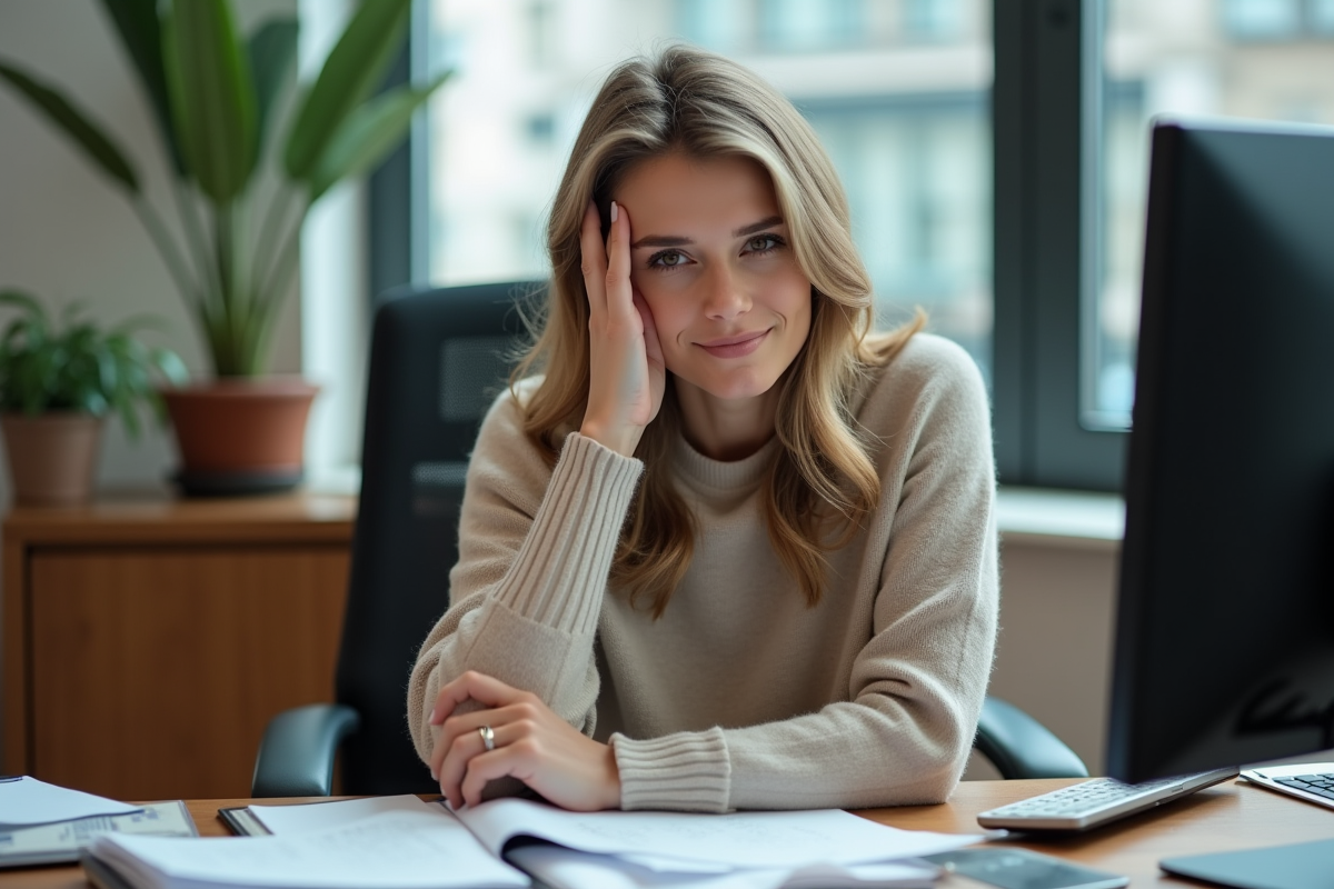Femme d'une quarantaine assise au bureau en pleine réflexion
