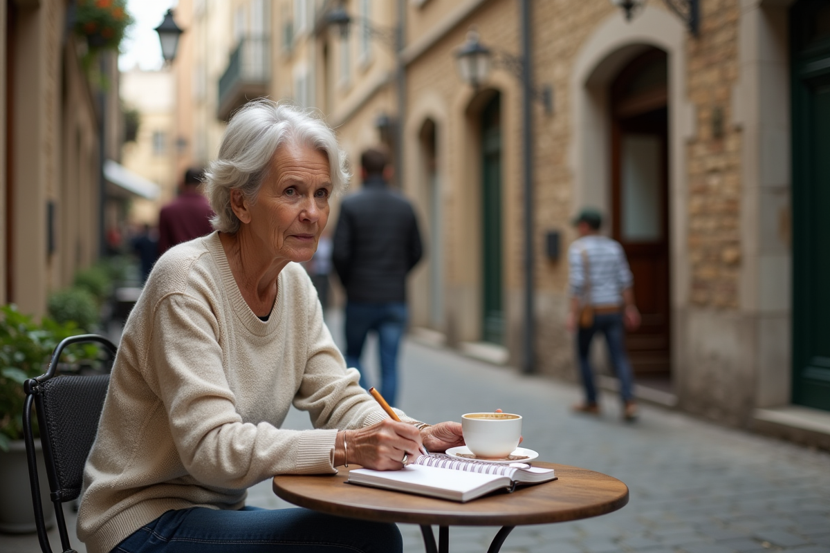 Femme assise au café dans un village européen authentique