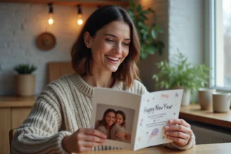 Femme souriante lisant une carte de voeux de Noel dans la cuisine