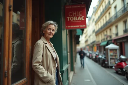 Femme cherchant une civette parisienne devant un bureau de tabac traditionnel dans une rue pavée de Paris