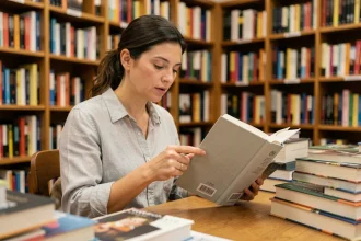 Femme examinant le code ISBN au dos d'un livre dans une librairie avec des étagères chargées de livres