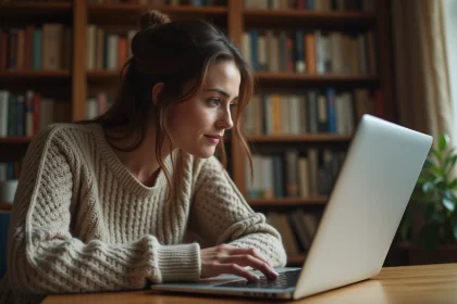 Femme concentrée devant un jeu de mots en ligne sur son ordinateur portable dans un bureau à domicile