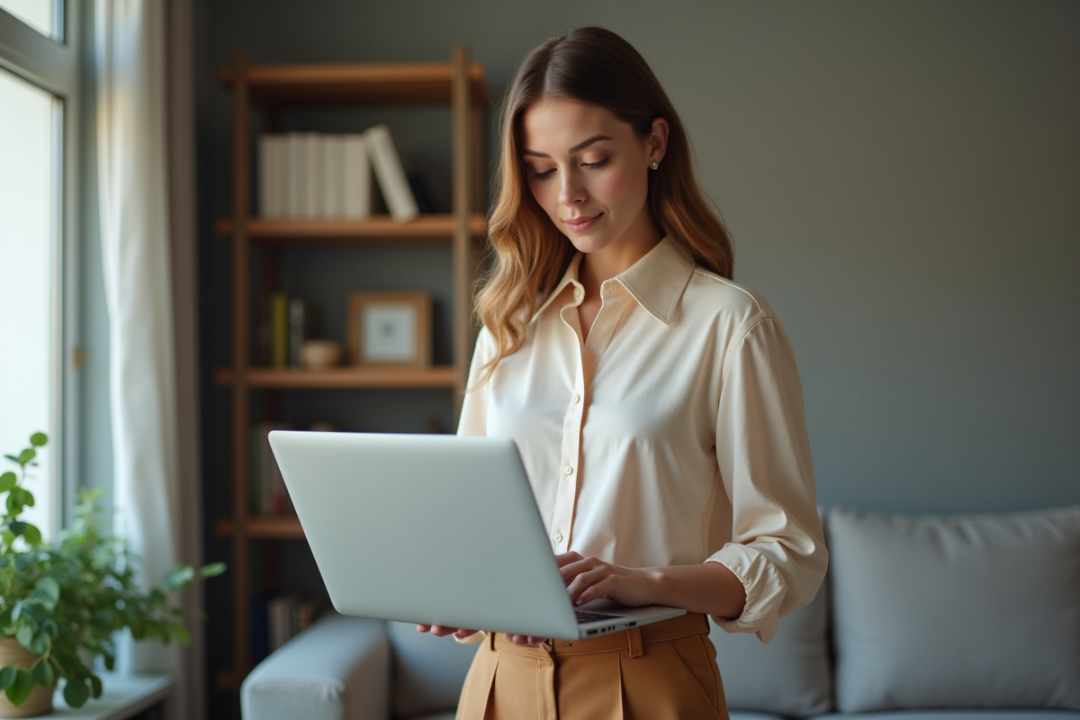 Femme en intérieur consulte des offres de prêt sur son ordinateur portable