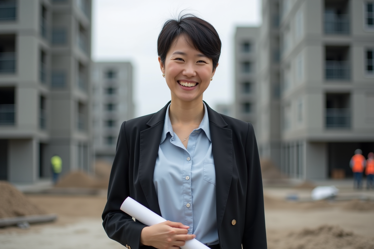 Femme souriante avec diplôme sur site de construction