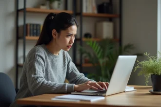 Femme frustrée devant un écran d'erreur 404 en cherchant le site Wikio disparu