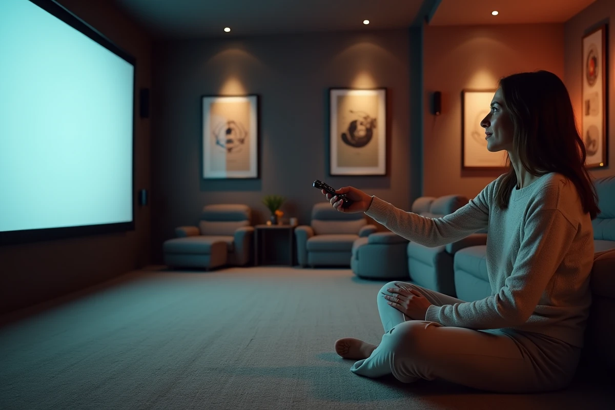 Femme regardant un écran dans une salle de cinéma maison