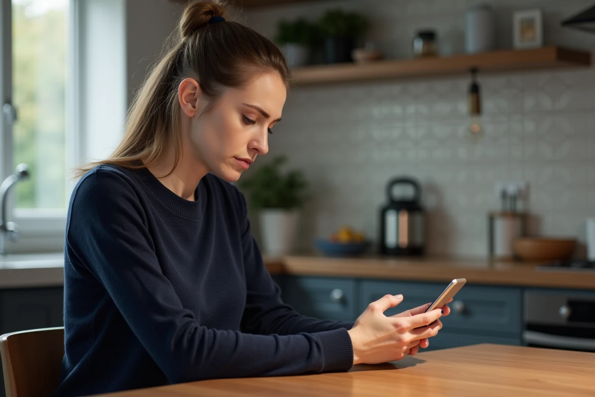 Femme inquiète vérifiant son smartphone dans la cuisine