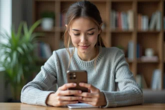 Femme tenant un iPhone 12 dans les mains devant un bureau à domicile, illustrant la taille compacte de l'écran pour une utilisation quotidienne