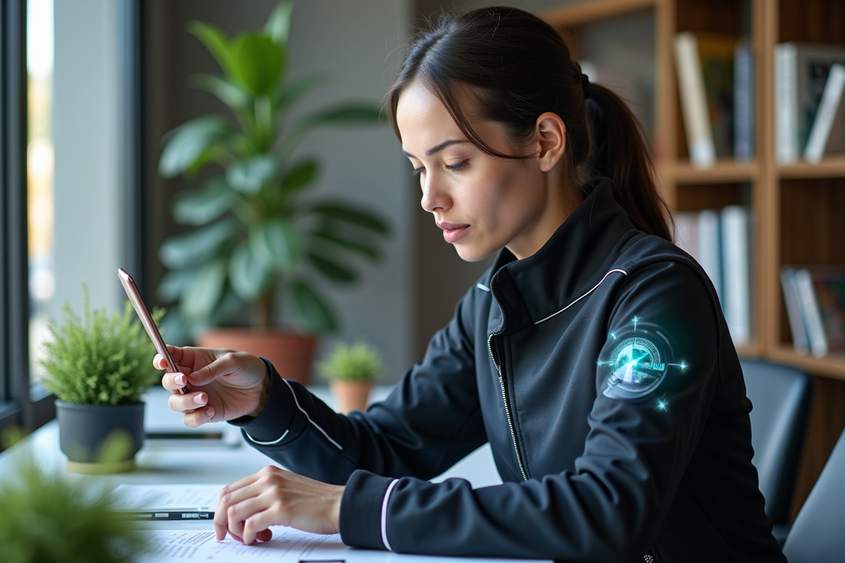 Jeune femme avec veste connectee et ecran virtuel