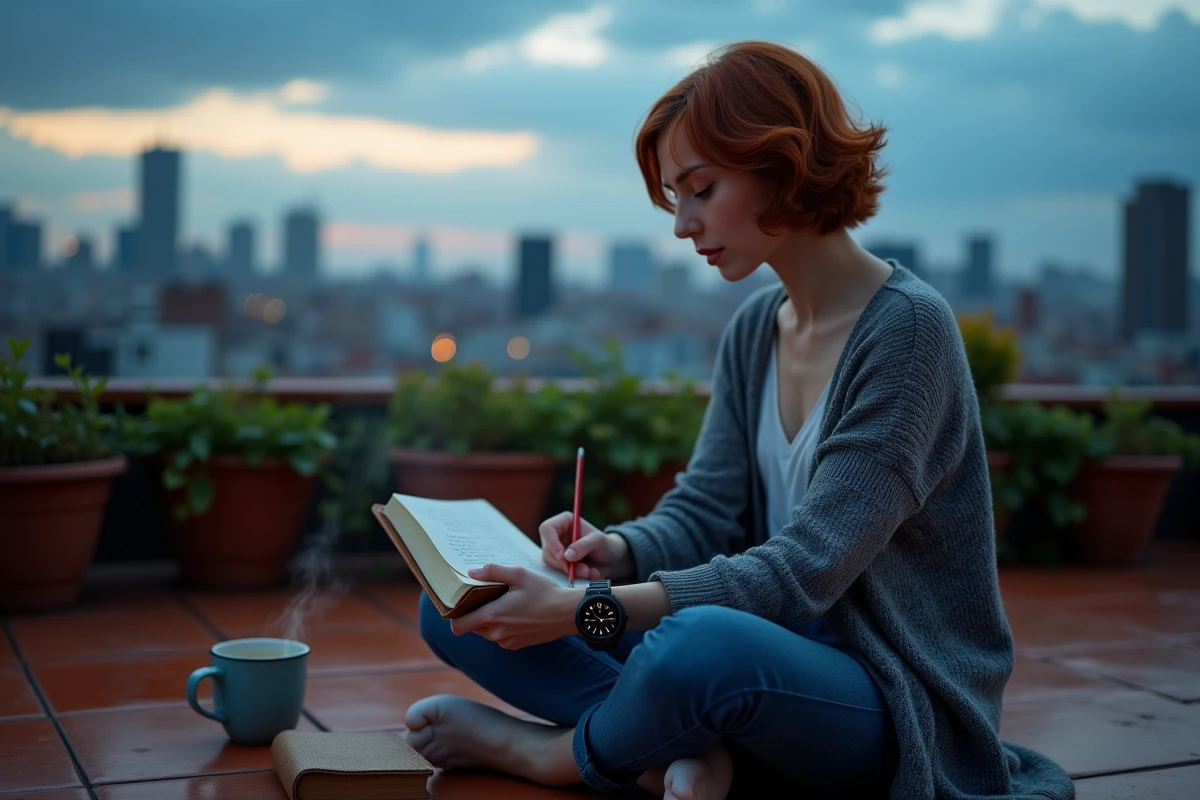 Jeune femme écrivant dans un journal sur un toit au crépuscule avec une montre affichant 11h11, évoquant les synchronicités et les signes spirituels