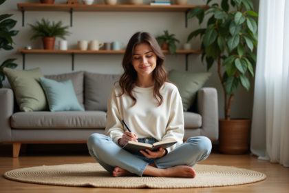 Femme assise en intérieur en train de journaler dans un salon calme