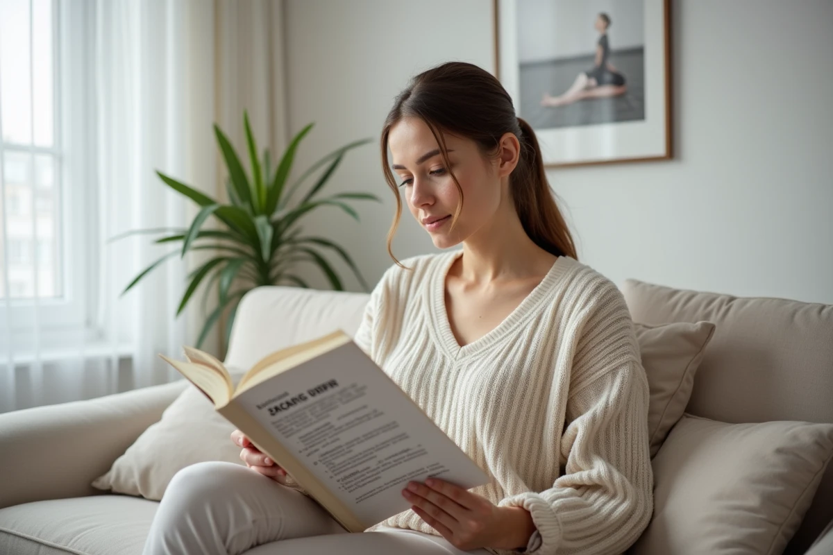 Femme lisant un guide de stretching sur un canapé cosy