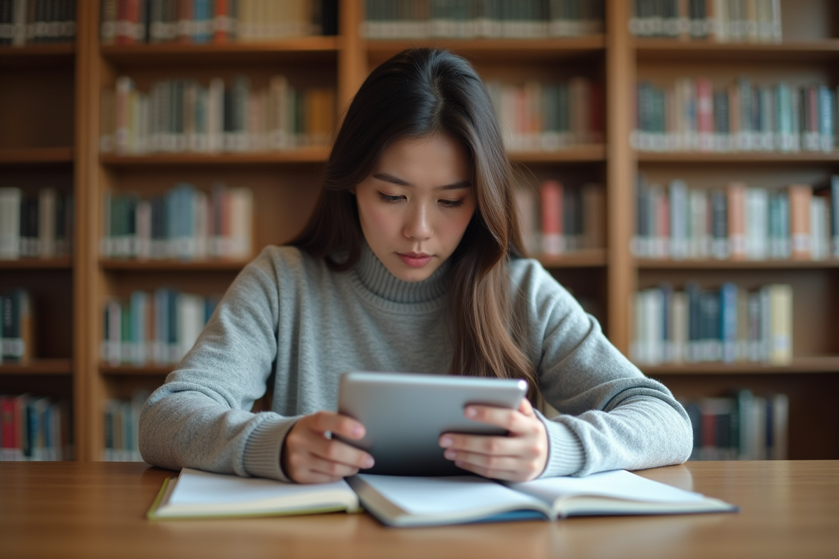 Jeune femme lisant un livre dans une bibliothèque