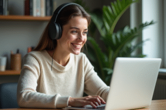 Femme avec casque testant un traducteur audio en ligne