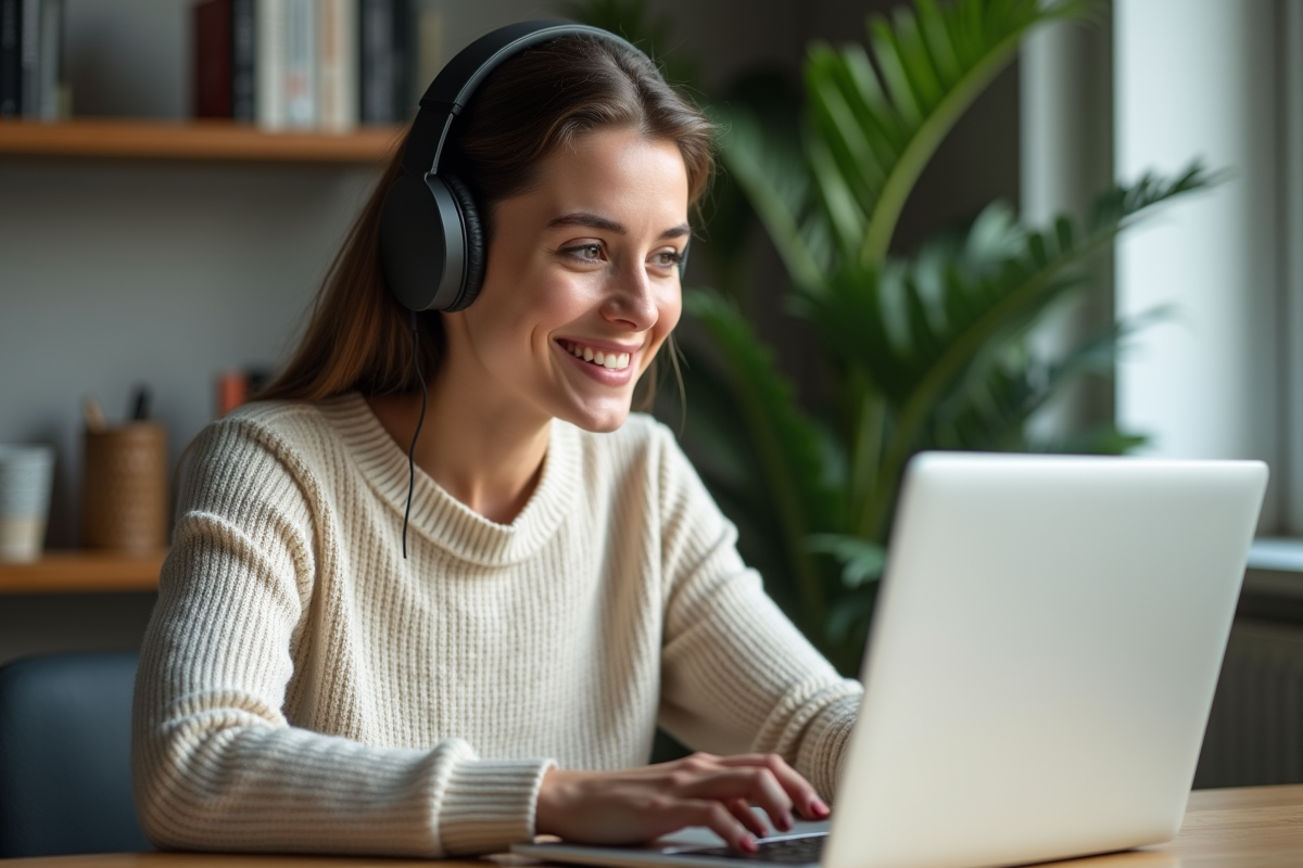 Femme avec casque testant un traducteur audio en ligne