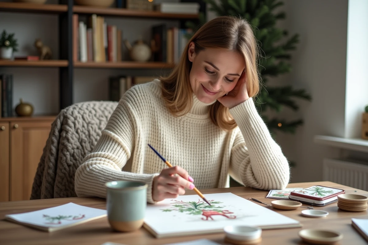 Femme peignant une carte de Noël à l'aquarelle dans un intérieur chaleureux