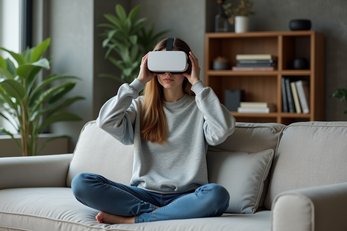 Jeune femme avec casque VR dans un salon moderne
