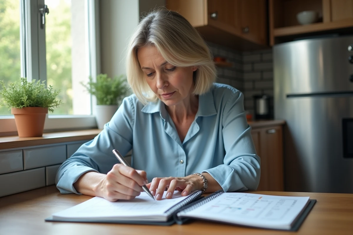Femme écrivant des conversions dans un carnet dans la cuisine