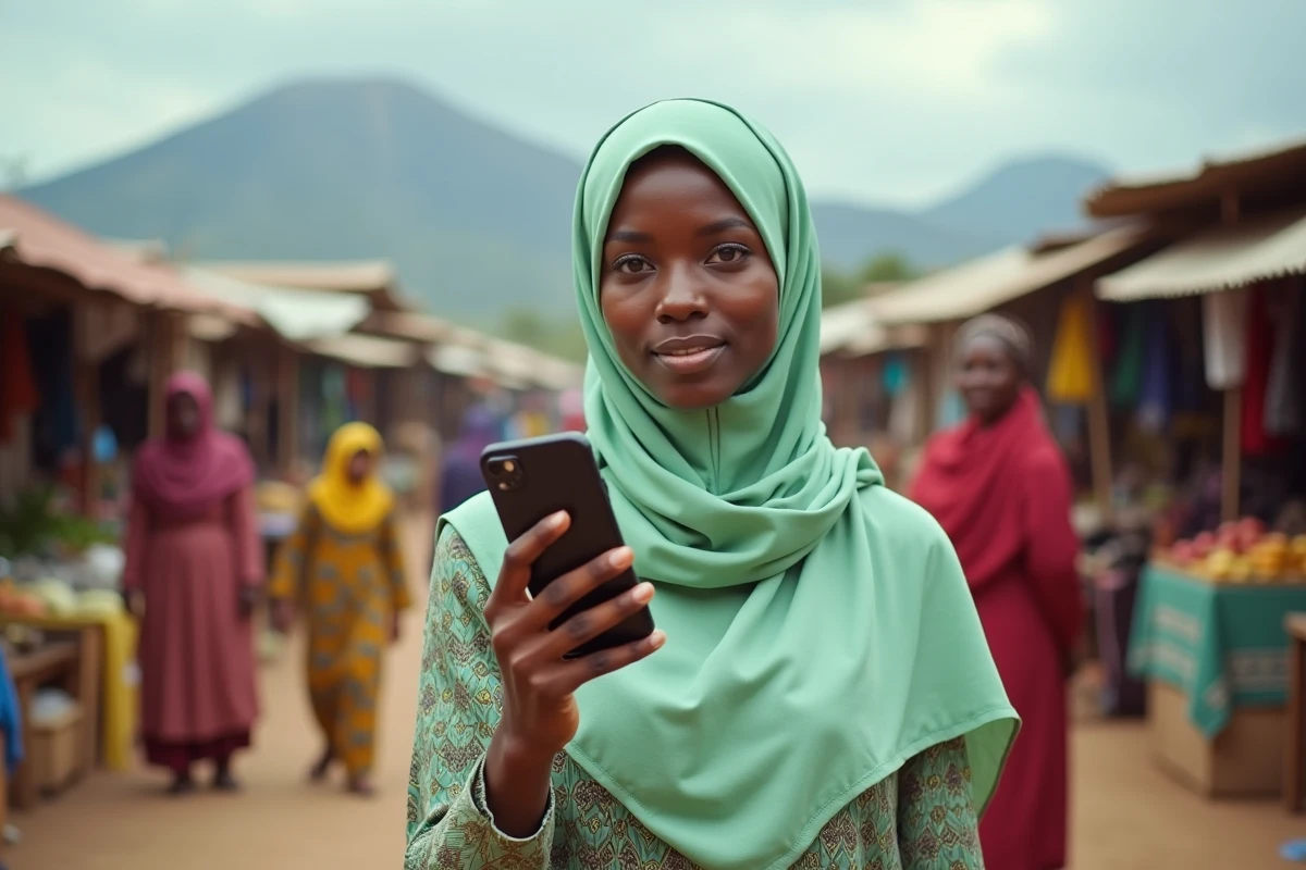 Jeune femme comorienne en hijab filmant en marché animé