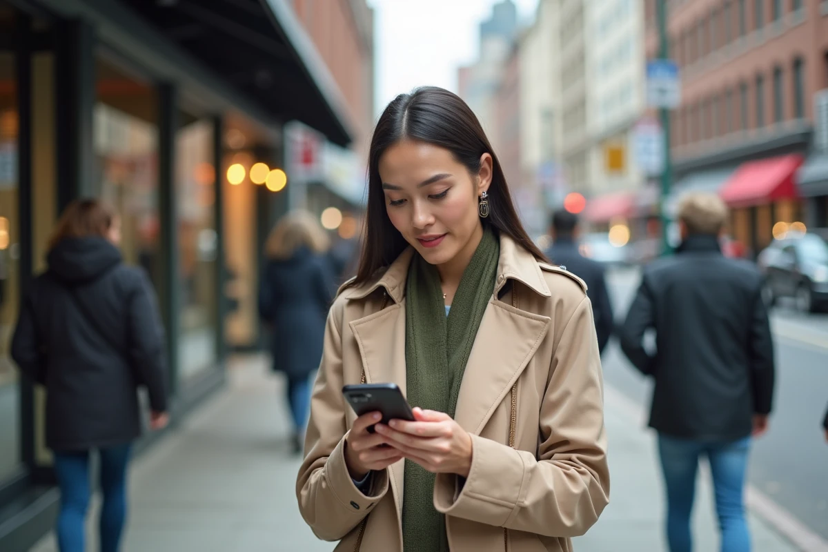 Femme consultant les réseaux sociaux sur un iPhone 12 en ville, illustrant la maniabilité et le format de l'appareil en situation mobile