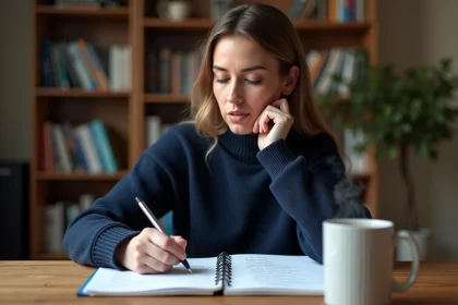 Femme concentrée révisant un exercice de grammaire française sur la majuscule à la lettre Y, assise à un bureau en bois avec des dictionnaires en arrière-plan