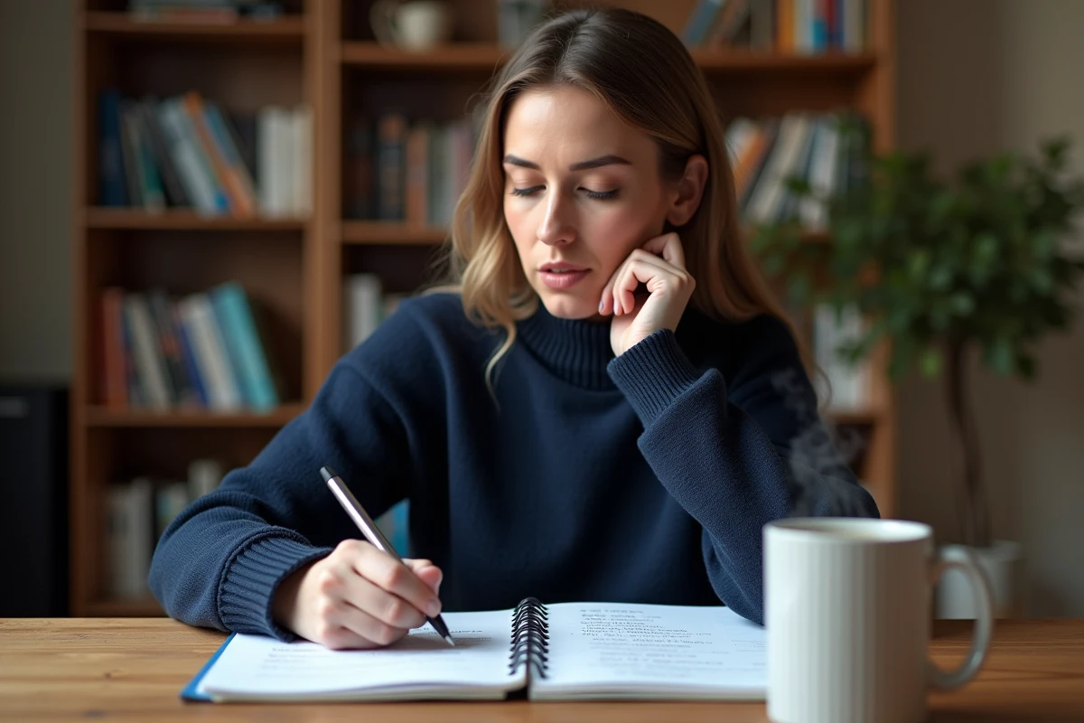 Femme concentrée révisant un exercice de grammaire française sur la majuscule à la lettre Y, assise à un bureau en bois avec des dictionnaires en arrière-plan