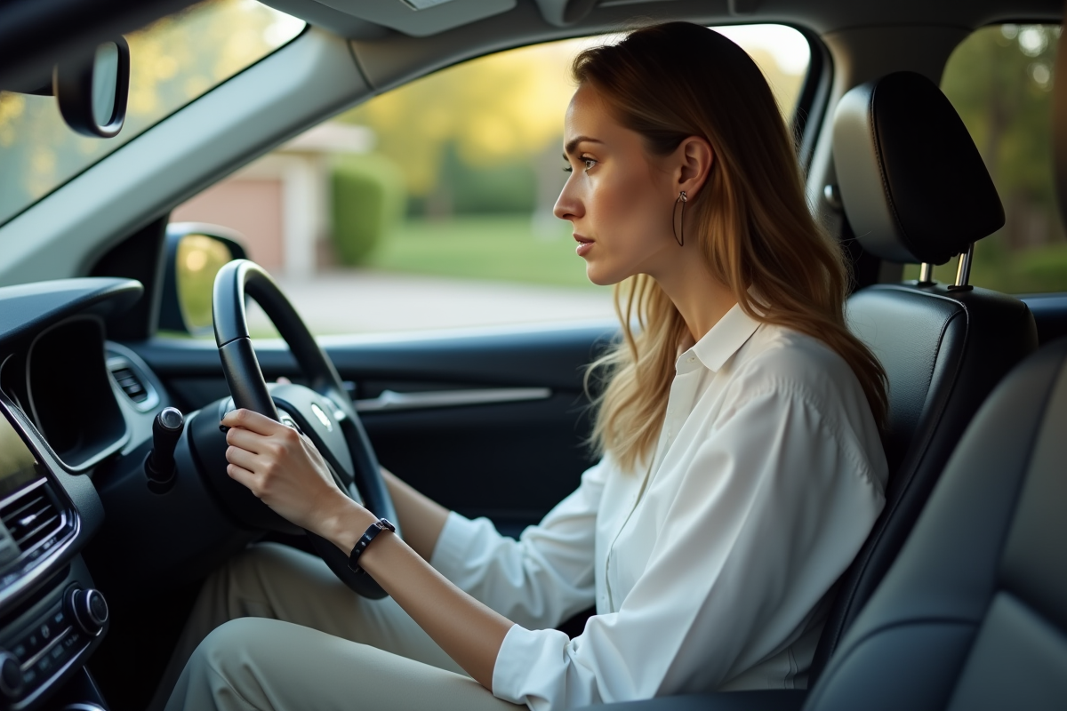 Jeune femme dans l SUV regarde le tableau de bord