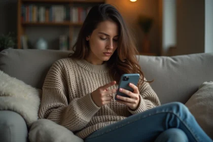 Jeune femme assise sur un canapé avec smartphone et expression pensive
